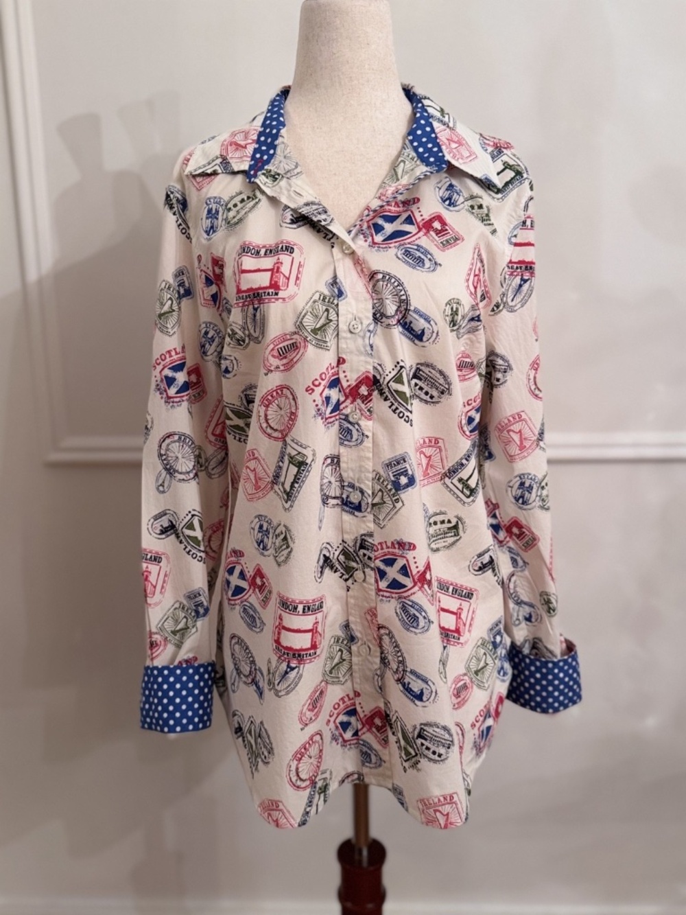 Talbots Passport Stamp Print Button Front Shirt High Low Hem Cotton M NWT